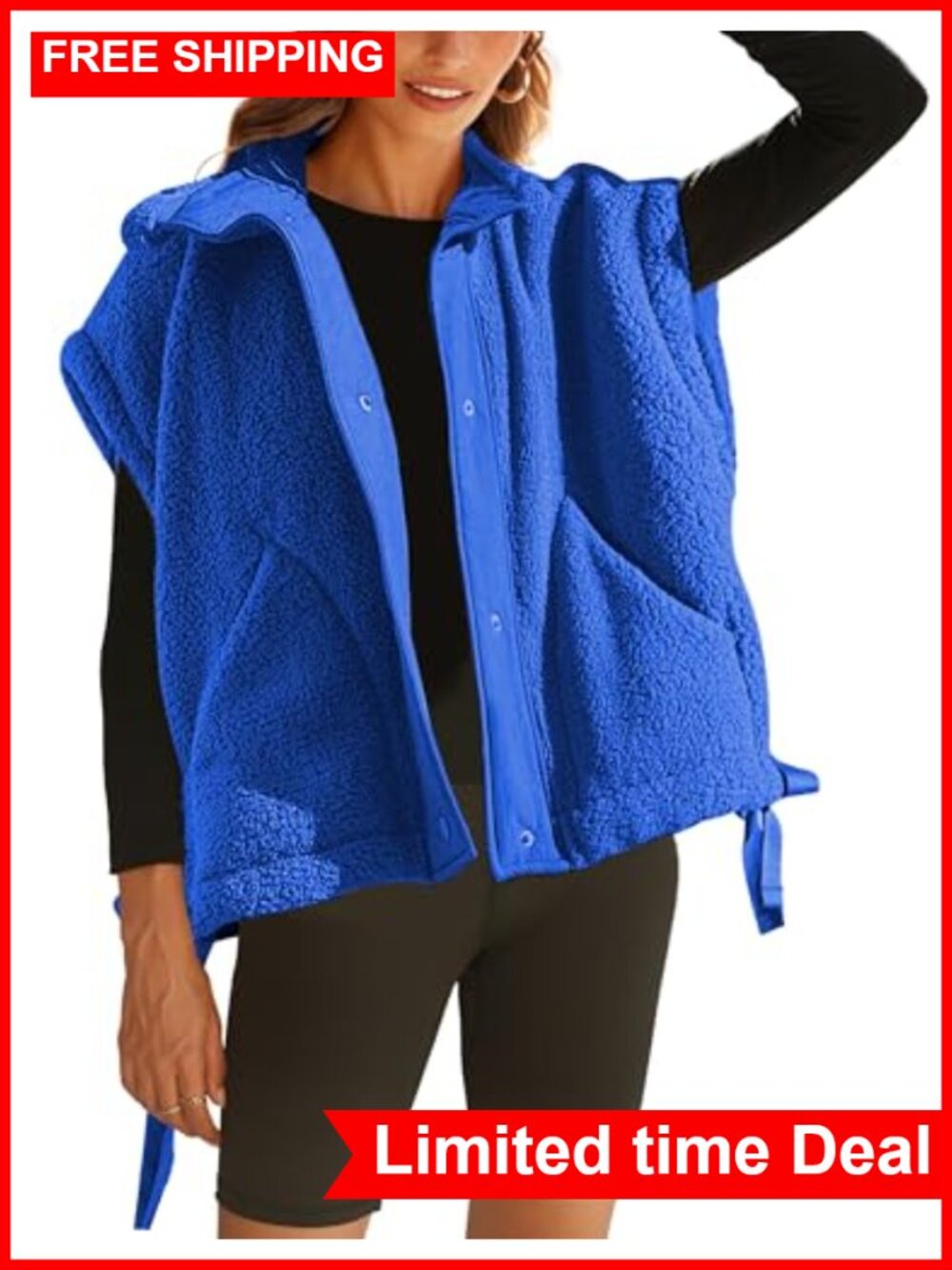 Oversized Sherpa Fleece Vest Stand Collar Sleeveless Button Front